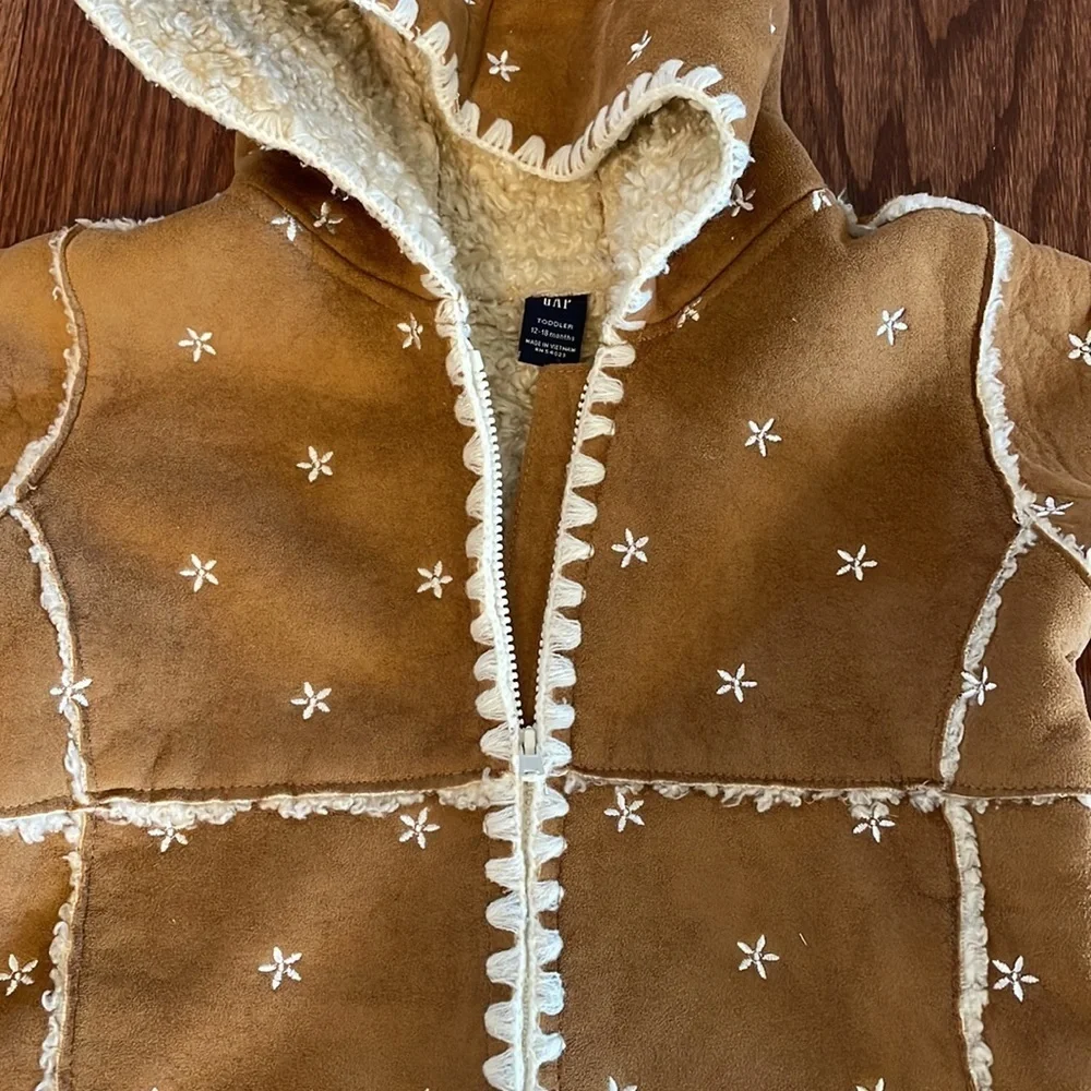 BABY GAP girls faux suede sherpa embroidery hooded coat boho camel brown 12-18M